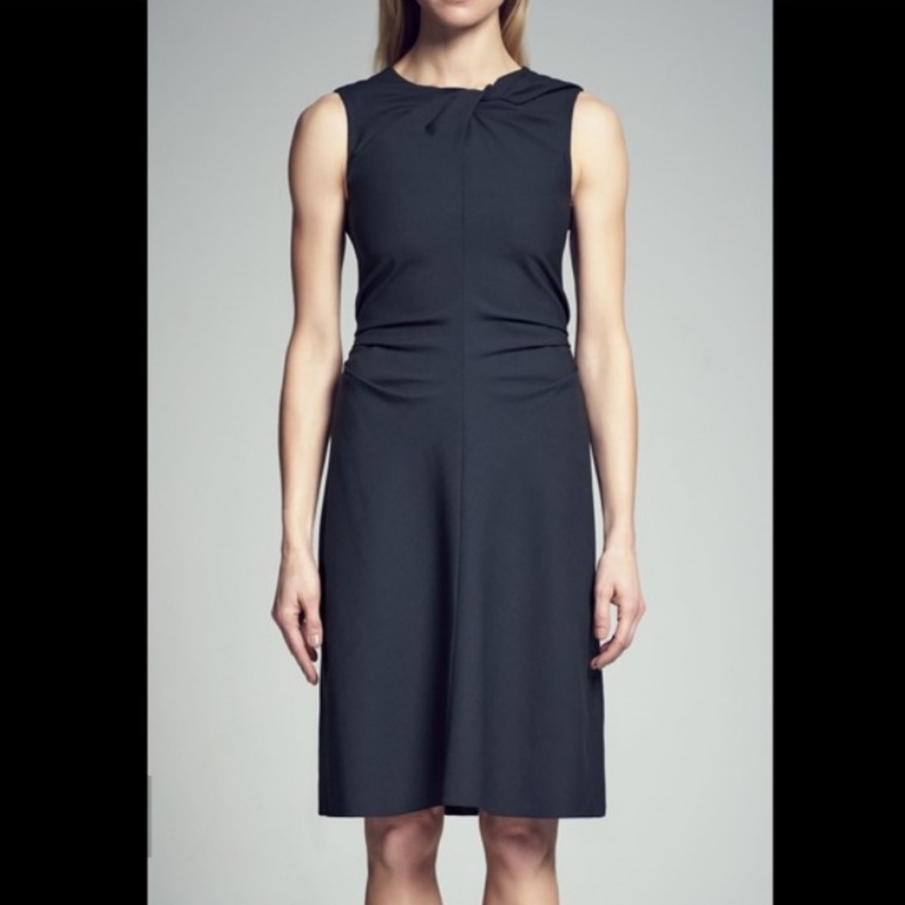 MM Lafleur Eleanor Dress 16 Midnight Navy Blue Twist Ruched A Line Minimalist EU
